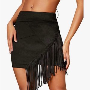 BLACK ASYMMETRICAL FRINGE HEM SKIRT